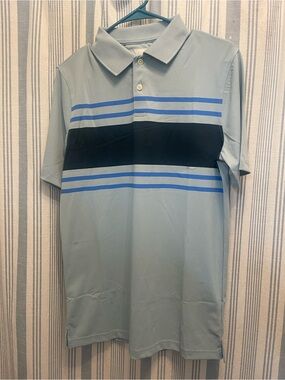 Goodfellow & Co Light Green Polo with Navy and Blue Stripes.  Mens Medium Tall